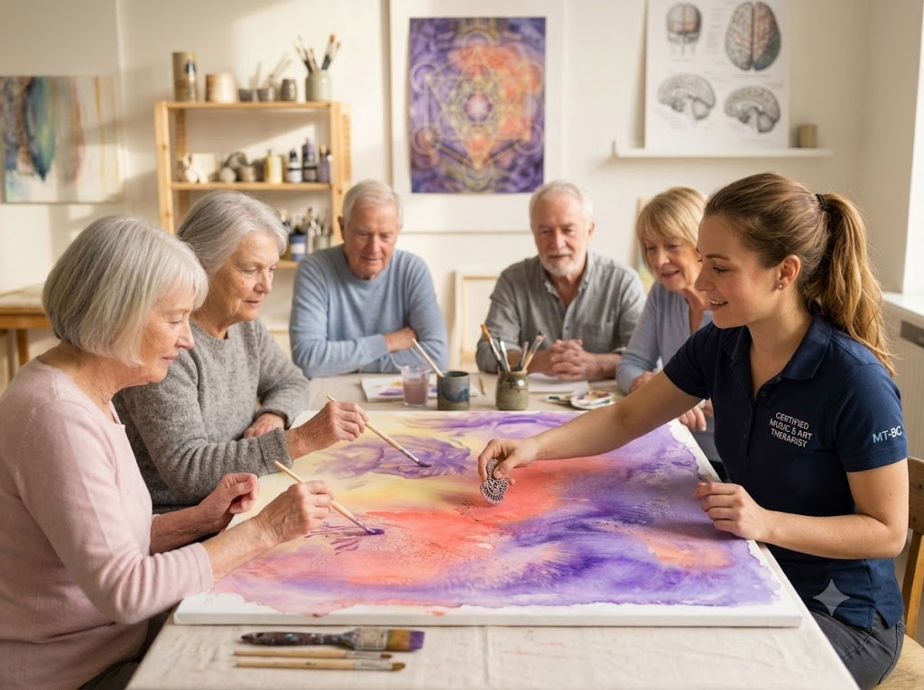 Board-certified art therapist at work with a senior