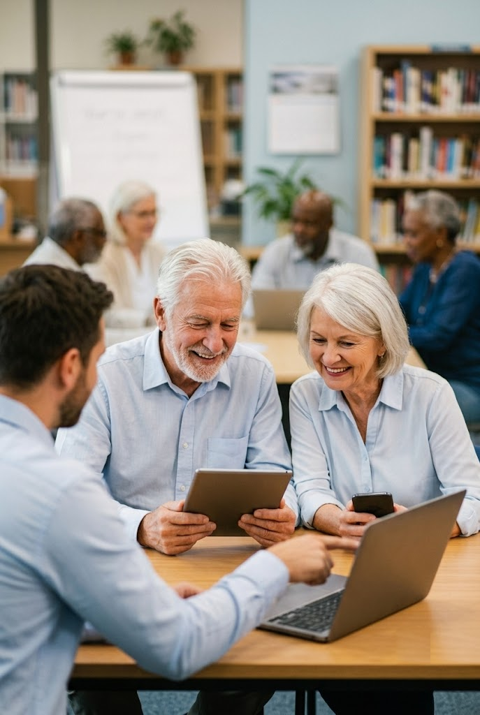 Seniors learning digital skills with an instructor
