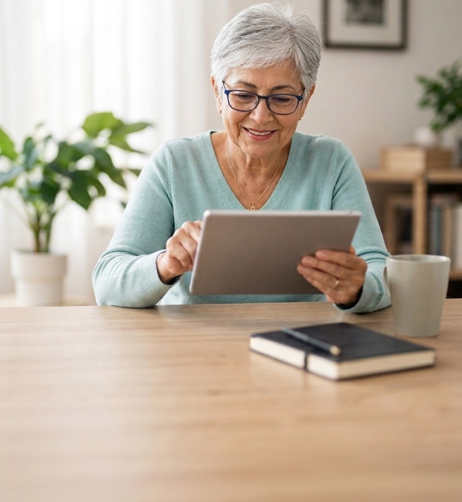 Older adult learning to use a tablet safely